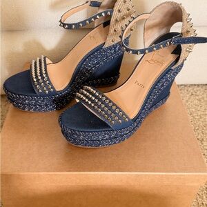 Christian Louboutin Navy Studded Espadrille Wedges